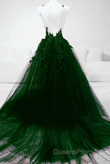 Dark Green Tulle With Lace Deep Neckline Backless Evening Prom Dress, Dark Green Party Dress
