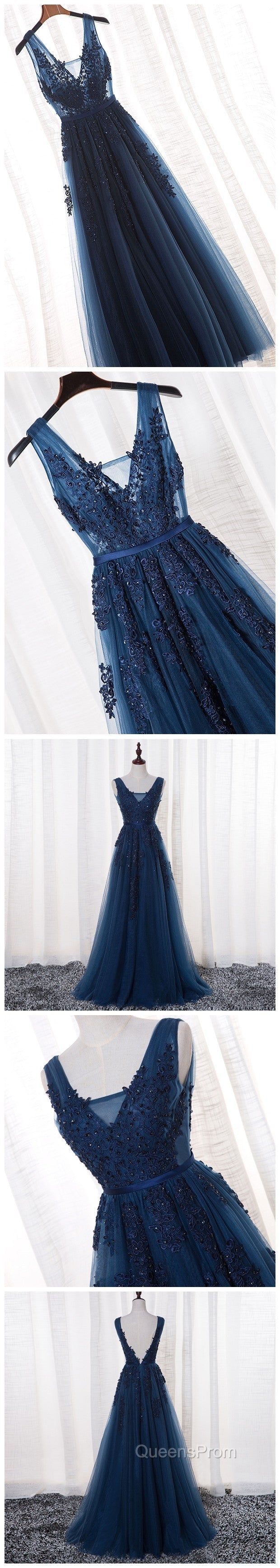 Glamorous Navy Blue Lace Tulle V Neck See Through Evening Prom Dress Secondary image