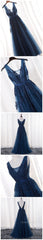 Glamorous Navy Blue Lace Tulle V Neck See Through Evening Prom Dress