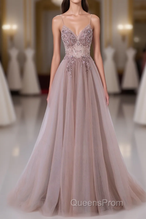 Pink V-Neckline Beaded Straps Long Party Dress, A-Line Pink Tulle Floor Length Evening Prom Dress Main image