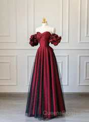Off Shoulder Wine Red Sweetheart Tulle Evening Prom Dress, A-line Wine Red Evening Dress