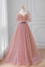 Pink Tulle Floor Length Prom Dress, Lovely Short Sleeve Graduation Party Dress