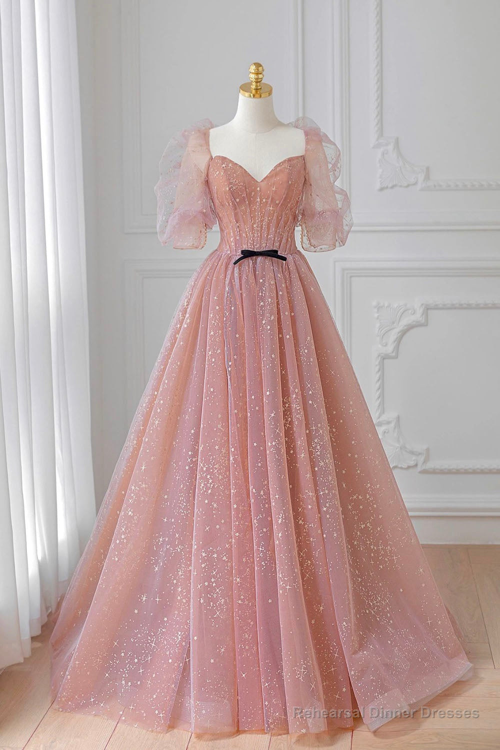 Pink Tulle Floor Length Prom Dress, Lovely Short Sleeve Graduation Party Dress