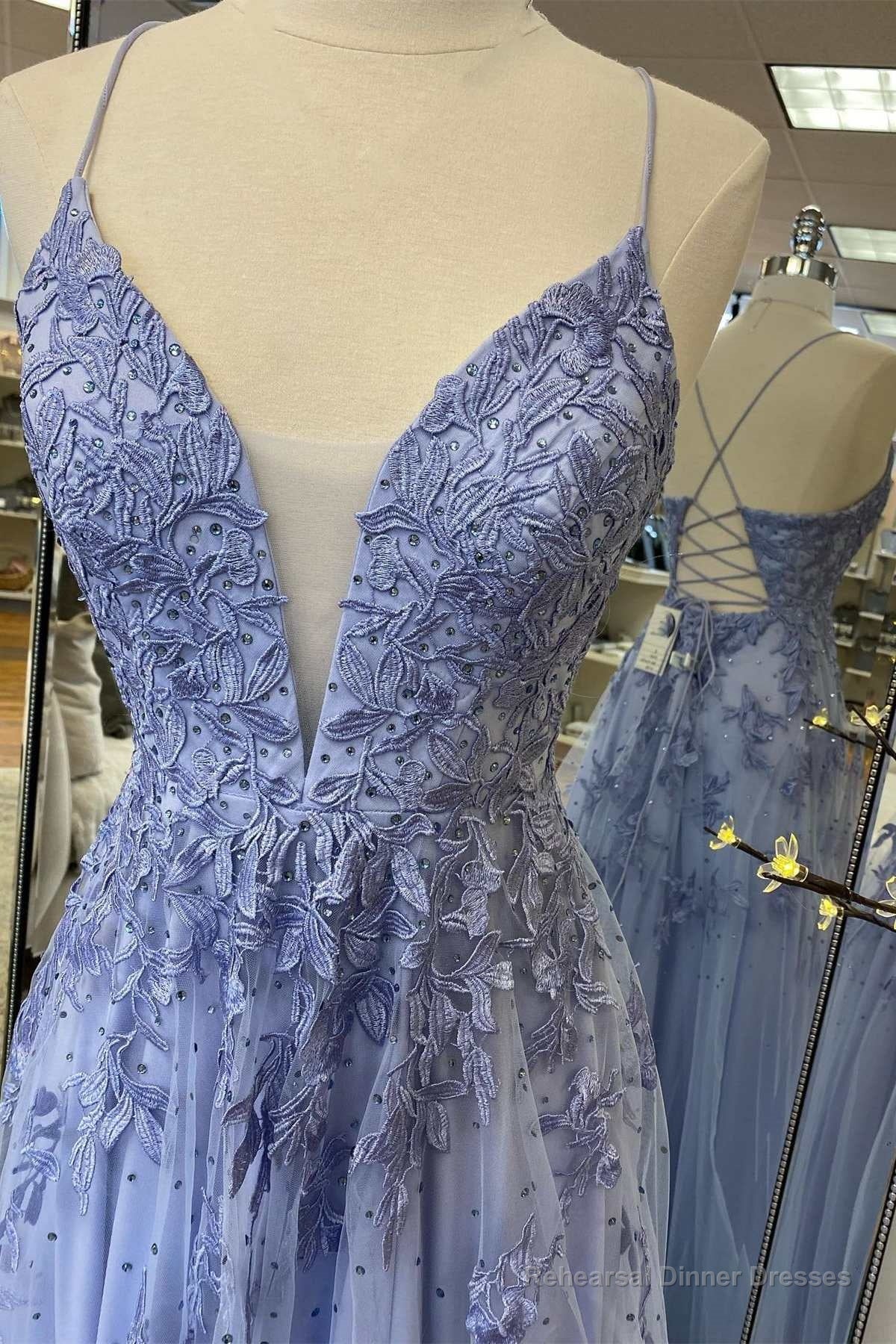 Periwinkle Floral Lace Plunge V A-Line Prom Dress with Slit Secondary image