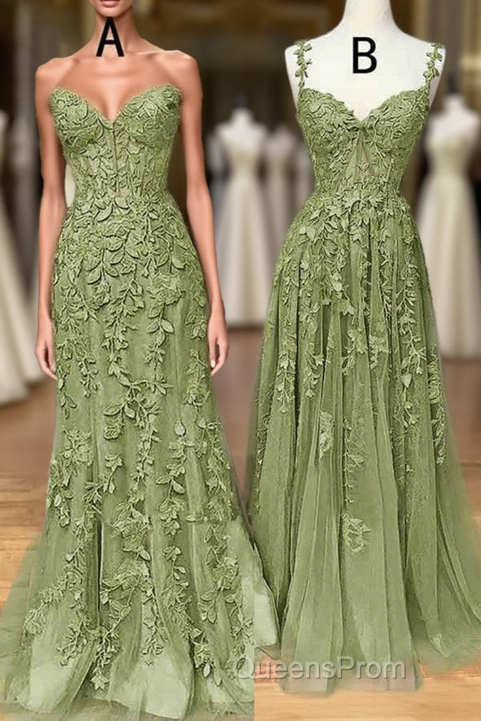 Lovely Sage Green Tulle With Lace Long Formal Dress, Sweetheart Evening Prom Dress Main image
