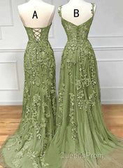 Lovely Sage Green Tulle With Lace Long Formal Dress, Sweetheart Evening Prom Dress