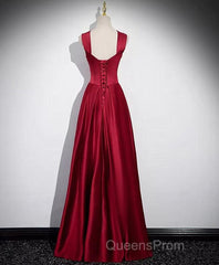 A-Line Sleeveless Wine Red Satin Evening Dress, Wine Red Long Evening Prom Dress