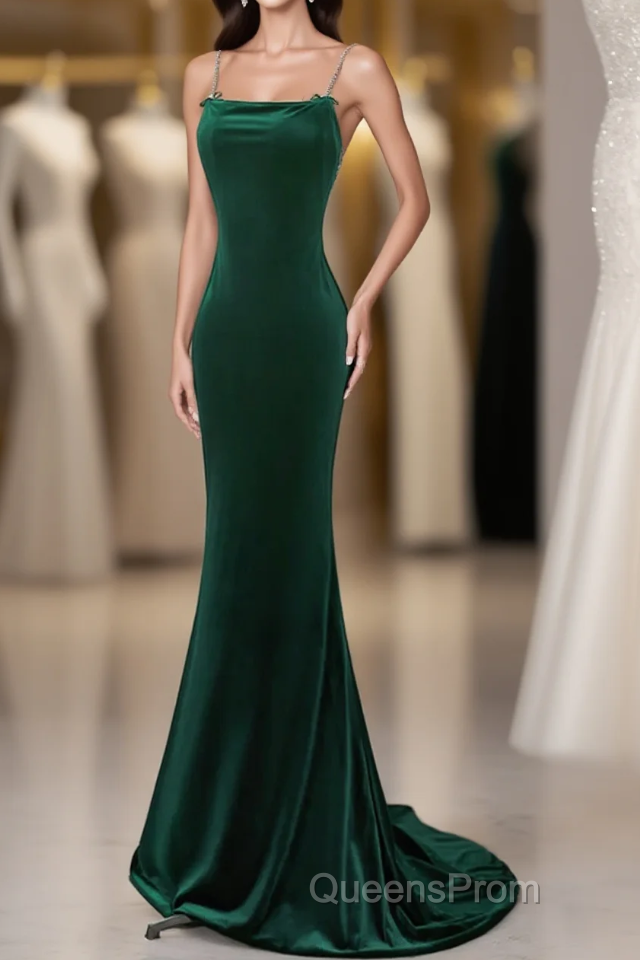 Green Velvet Mermaid Straps Long Formal Dress, Green Evening Dress Party Dress Main image
