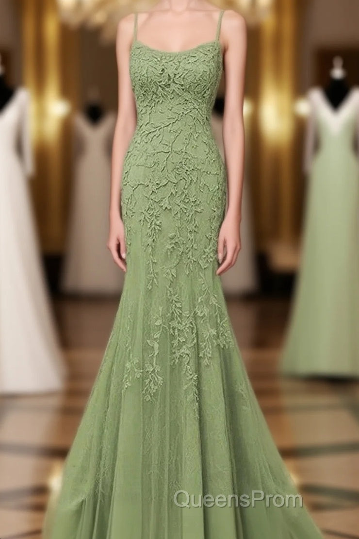 Lovely Sage Green Straps Mermaid Long Formal Dress, Lace-Up Evening Dress Evening Prom Dress Main image