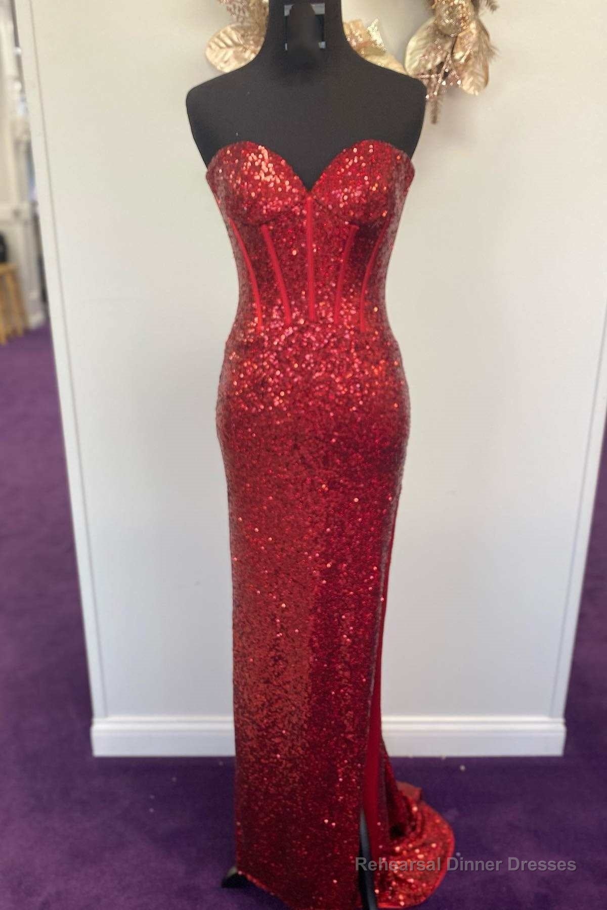 Mermaid Red Sequin Strapless Long Prom Dress with Slit Main image