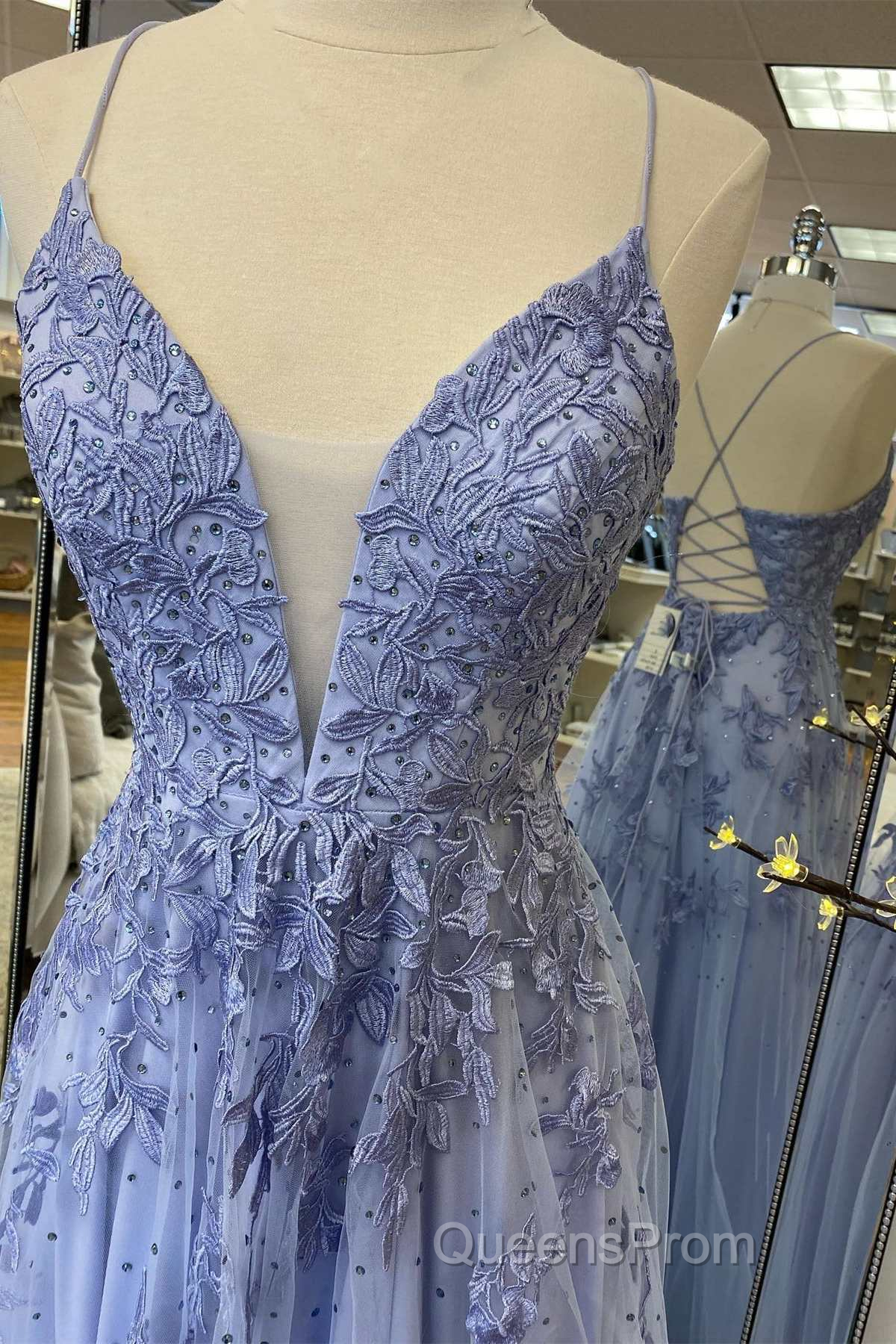Lavender Tulle V-Neckline Long Party Dress, Lavender Straps Evening Prom Dress Formal Dress Secondary image