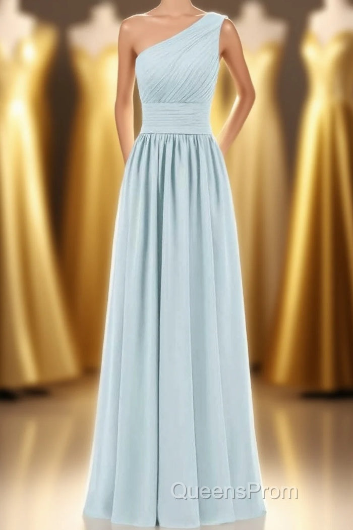 Dusty Blue Chiffon One-Shoulder Banded Waist Bridesmaid Dress Main image