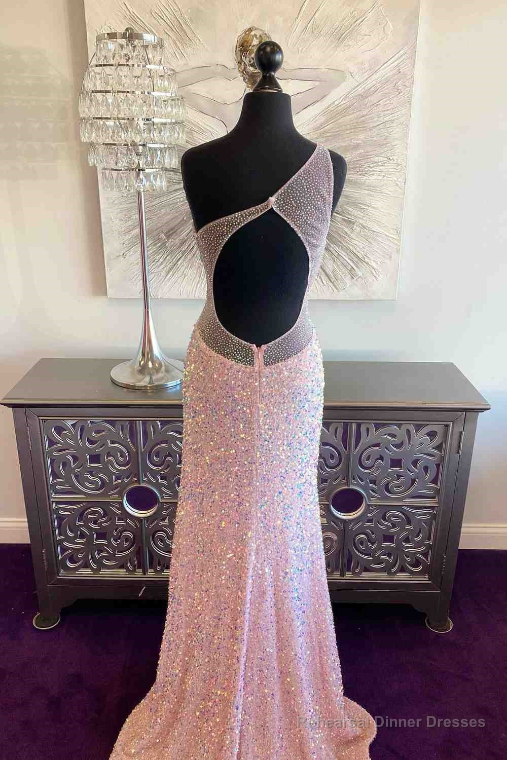 Pink Mermaid One Shoulder Sequins Keyhole Long Prom Dress with Slit Secondary image