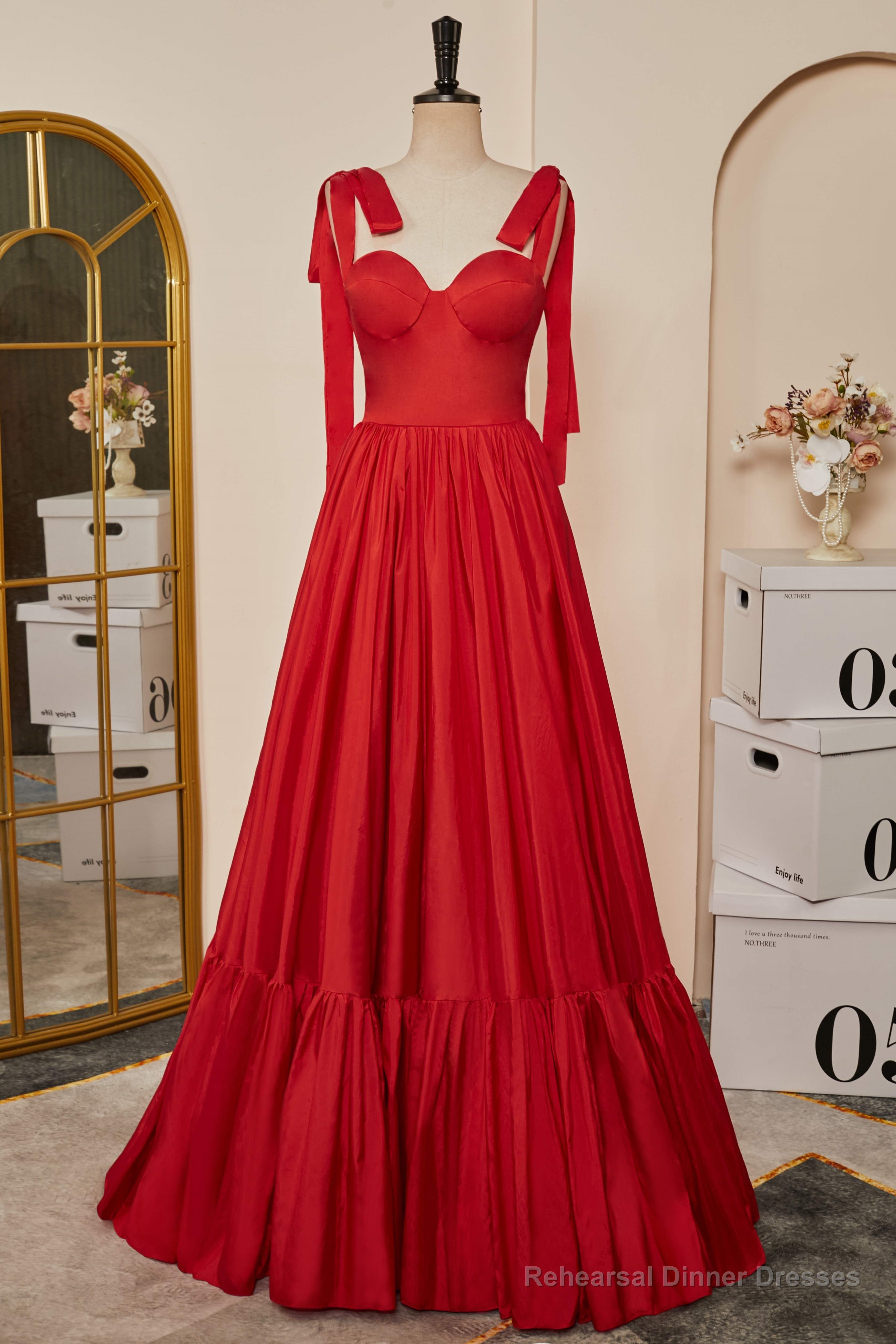 Red Bow Tie Straps A-line Satin Long Prom Dress Main image