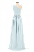 Dusty Blue Chiffon One-Shoulder Banded Waist Bridesmaid Dress