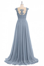 Dusty Blue Lace Cap Sleeve A-Line Floor-Length Bridesmaid Dress