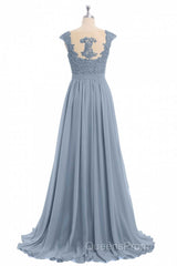 Dusty Blue Lace Cap Sleeve A-Line Floor-Length Bridesmaid Dress