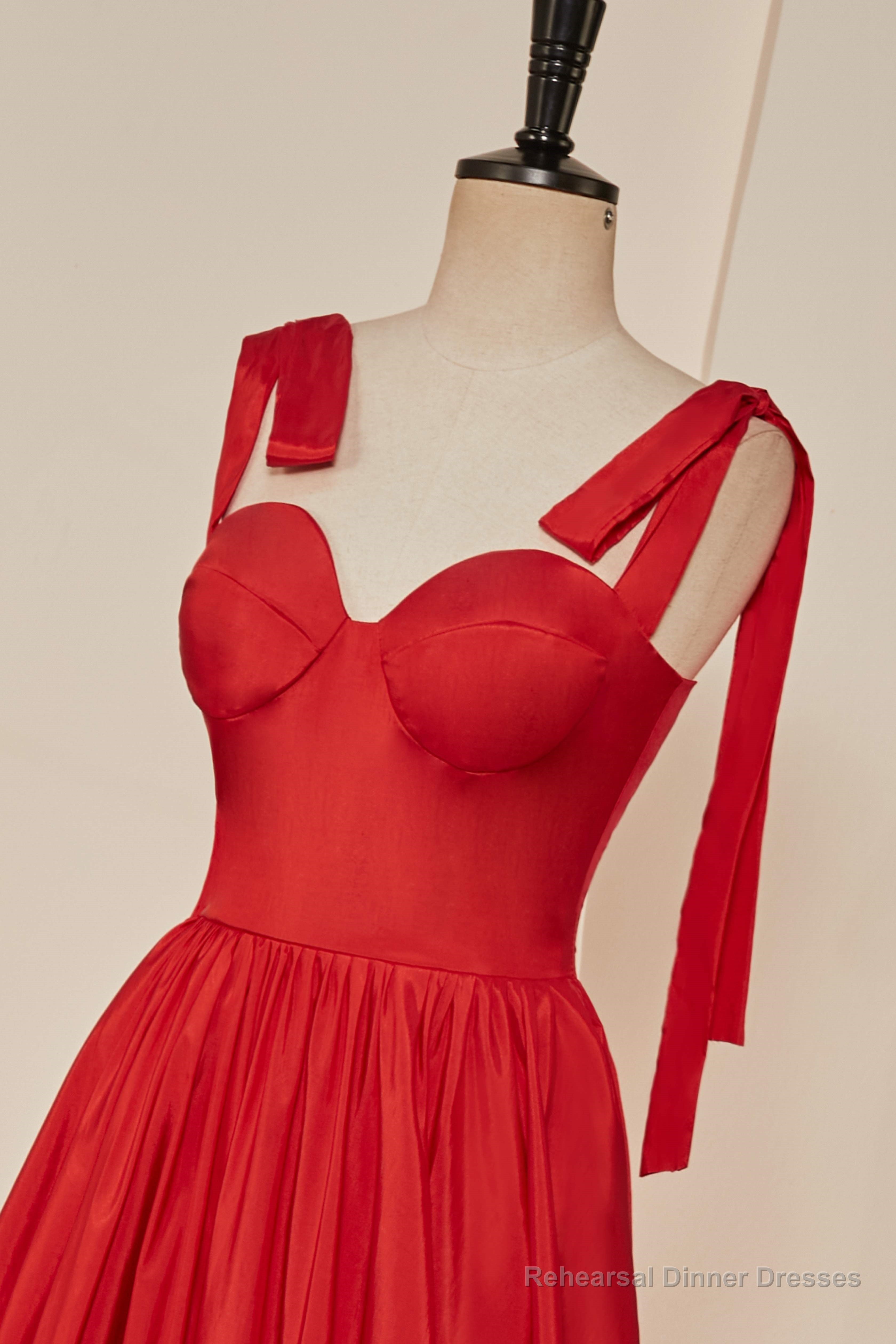 Red Bow Tie Straps A-line Satin Long Prom Dress