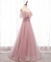 Pink Sweetheart Tulle Long Evening Prom Dress, Pink Tulle Formal Dress, 1