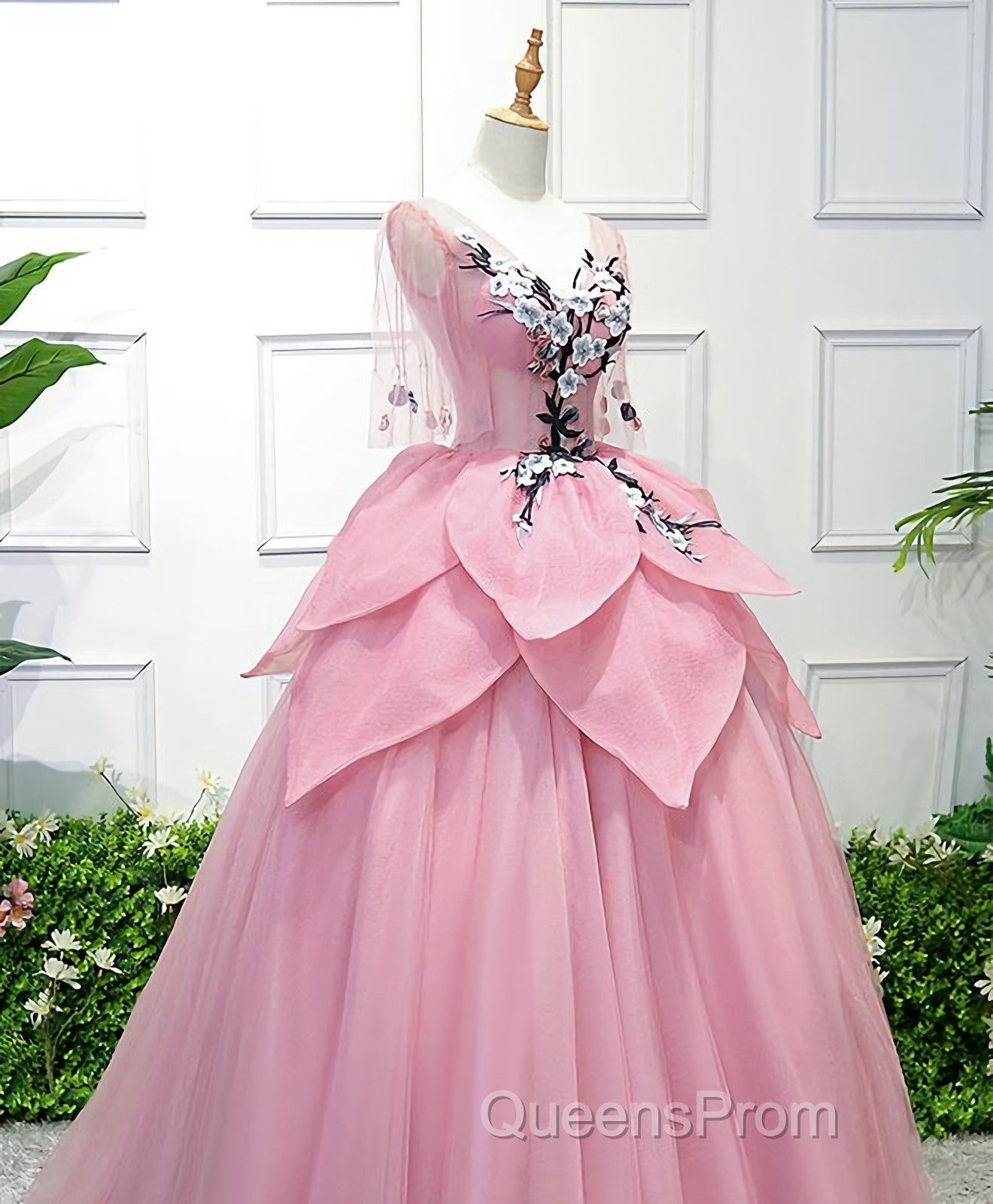 Pink V Neck Tulle Lace Applique Long Evening Prom Dress, Pink Evening Dress, 1