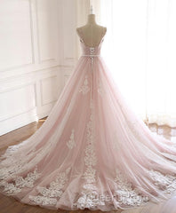 Pink Sweetheart Lace Tulle Long Evening Prom Dress, Lace Pink Evening Dress
