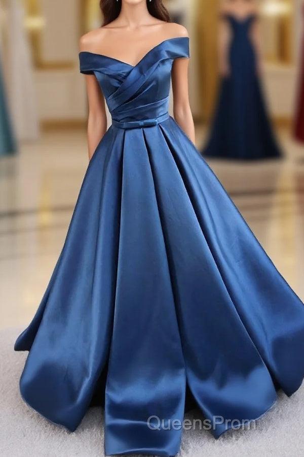 Simple Blue Satin Long Evening Prom Dress, Blue Formal Dress Main image