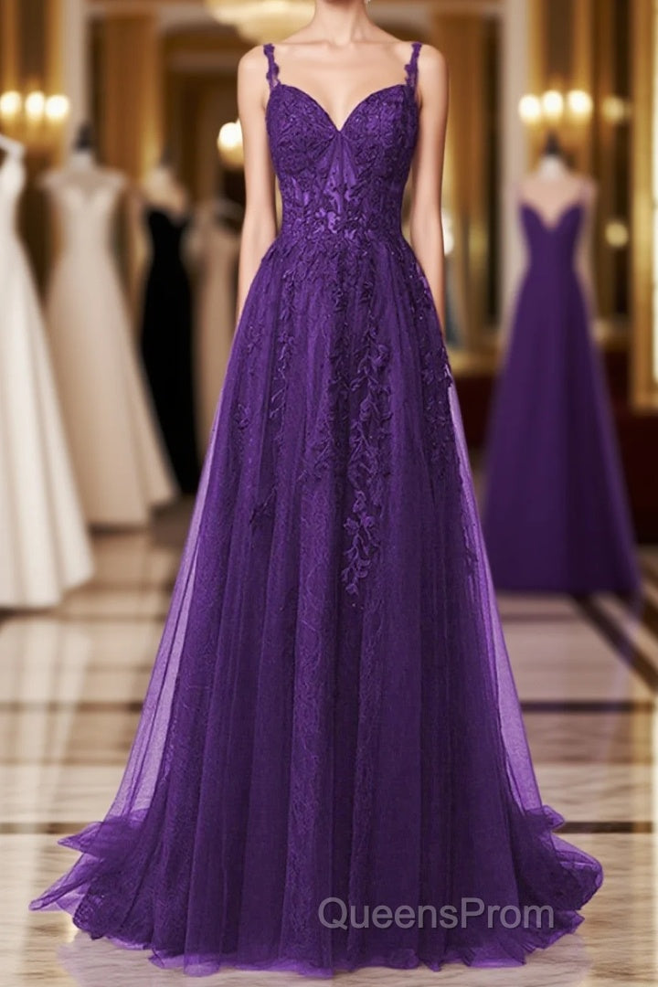 Purple A-Line Tulle Off Shoulder Long Evening Prom Dress With Lace, Purple Evening Dress Party Dress Main image