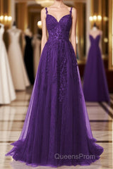 Purple A-Line Tulle Off Shoulder Long Evening Prom Dress With Lace, Purple Evening Dress Party Dress