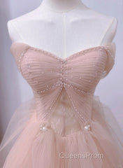 Pink Sweetheart Tulle Beaded Long Party Dress, Pink Tulle Evening Prom Dress Evening Dress