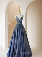 Blue V-Neckline Straps Low Back A-Line Evening Prom Dress, Blue Long Evening Dress