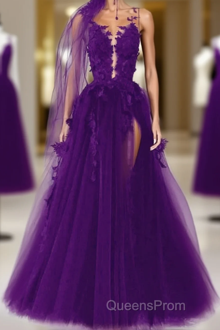 Purple Tulle With Lace Applique Long Party Dress, A-Line Tulle Formal Dress