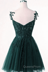 V-Neckline Dark Green Tulle With Lace Short Homecoming Dress, Green Short Evening Prom Dress