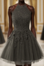 Black Halter Tulle With Lace Short Party Dress, Black Tulle Homecoming Dress