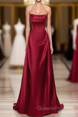 A-Line Sleeveless Wine Red Satin Evening Dress, Wine Red Long Evening Prom Dress