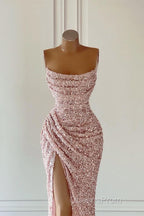 New Arrival Pink Sequins Sleeveless Evening Dress With Split