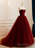 Wine Red Tulle Scoop Long Formal Dress, Wine Red Tulle Evening Prom Dress Party Dress