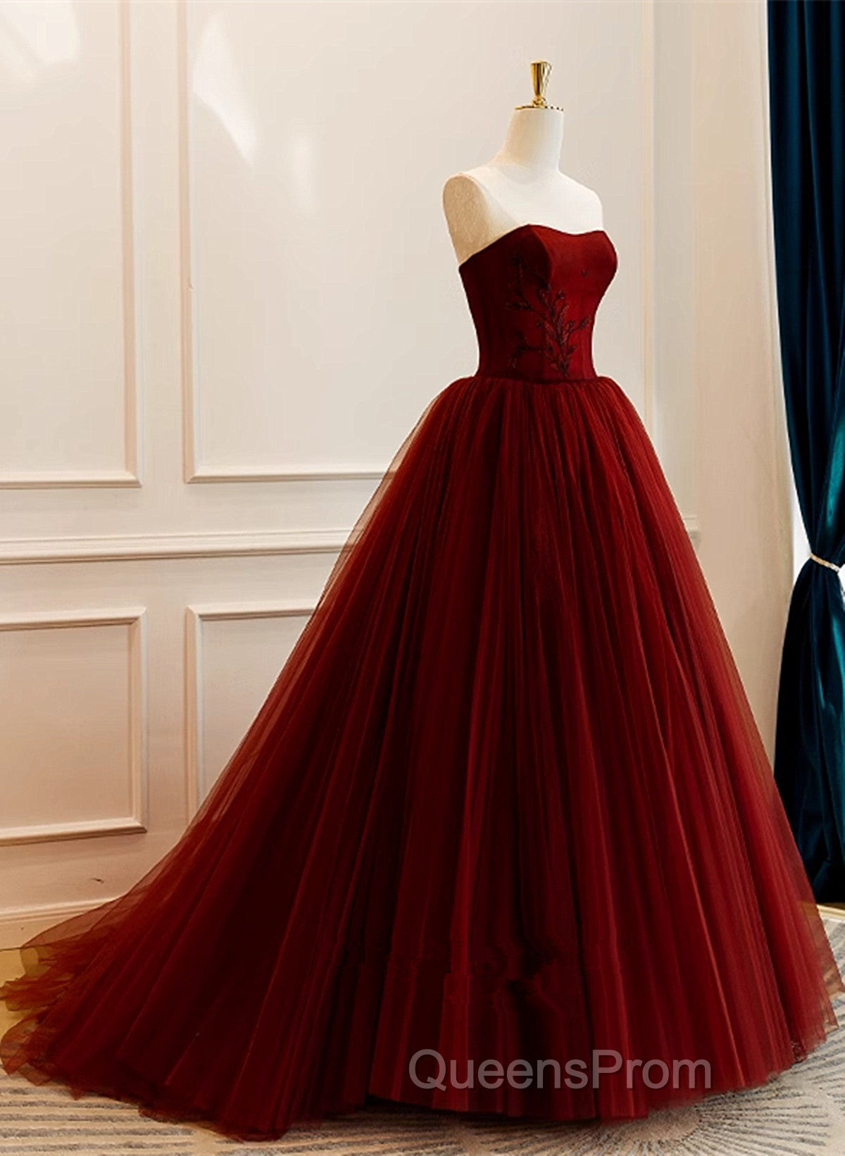 Wine Red Tulle Scoop Long Formal Dress, Wine Red Tulle Evening Prom Dress Party Dress