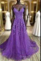 V-Neckline Purple A-Line Straps Long Evening Prom Dress, Purple Long Evening Dress Party Dress