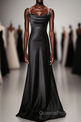 Black Soft Satin A-Line Floor Length Evening Prom Dress, Black Straps Long Evening Dress