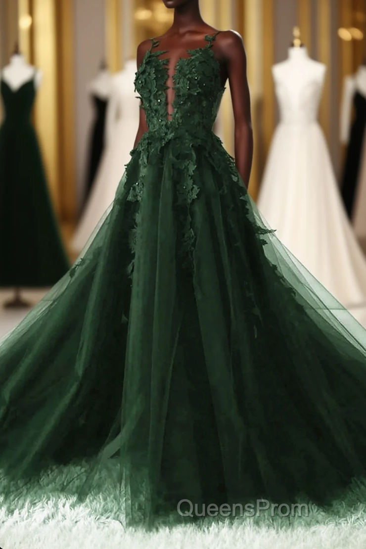 Green A-Line Tulle With Lace Low Back Evening Prom Dress, Green Tulle Evening Dress Party Dress Main image