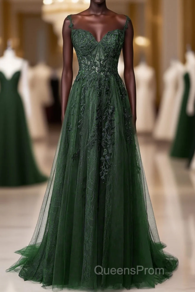 Dark Green Tulle With Lace Beaded Straps Evening Prom Dress, Green Long Formal Dress Party Dress Main image