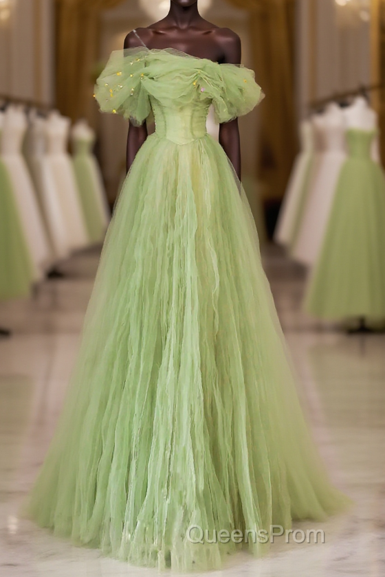 Green Floor Length Simple Off Shoulder Long Formal Dress, Green A-Line Evening Prom Dress Main image