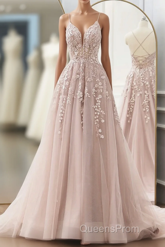Pink Tulle With Lace Straps Long Party Dress, Pink Tulle Evening Prom Dress Evening Dress Main image