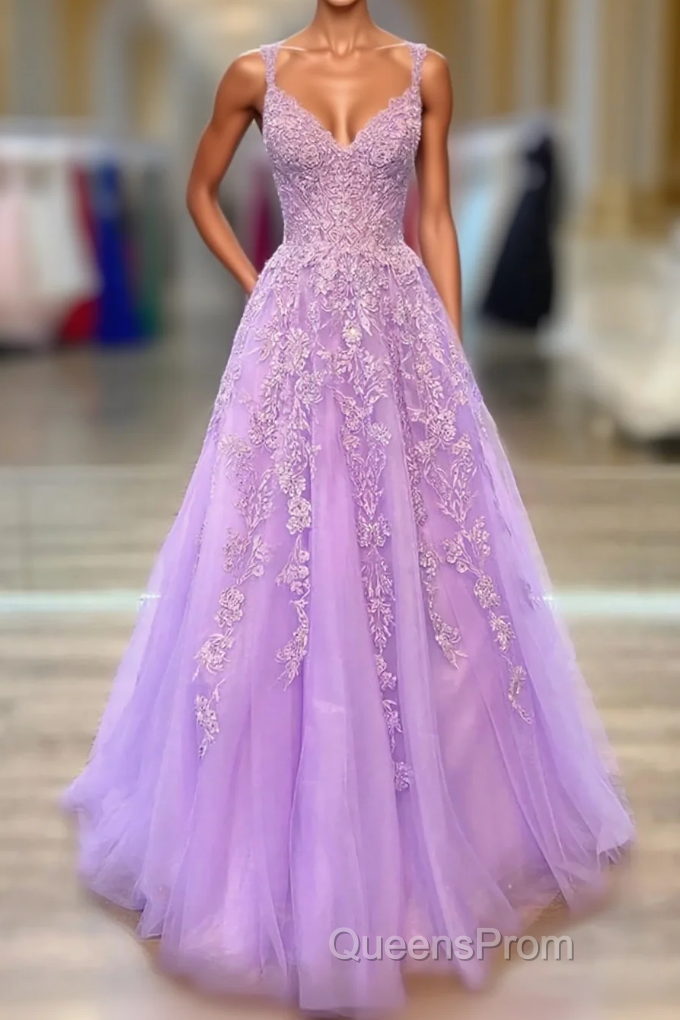 A-Line Tulle Princess Light Purple Evening Prom Dress With Appliques, Tulle Straps Formal Dress Main image