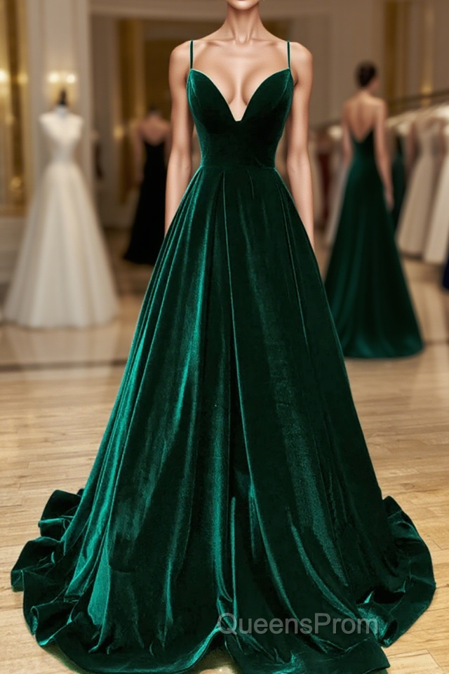 Green V-Neckline Straps Lace-Up A-Line Evening Prom Dress, Green Velvet Long Evening Prom Dress Main image