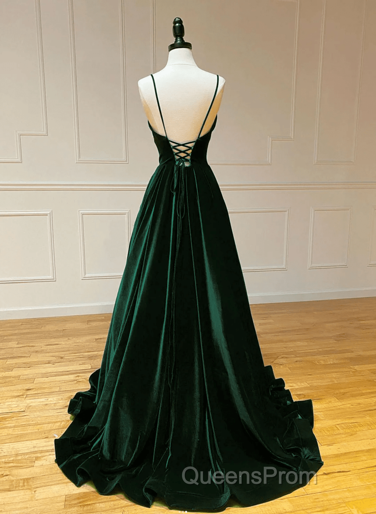 Green V-Neckline Straps Lace-Up A-Line Evening Prom Dress, Green Velvet Long Evening Prom Dress