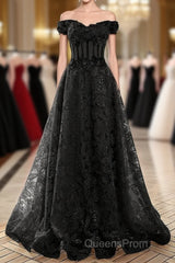 A-Line Off Shoulder Black Tulle With Lace Party Dress, Black Long Evening Prom Dress