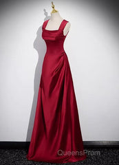 A-Line Sleeveless Wine Red Satin Evening Dress, Wine Red Long Evening Prom Dress