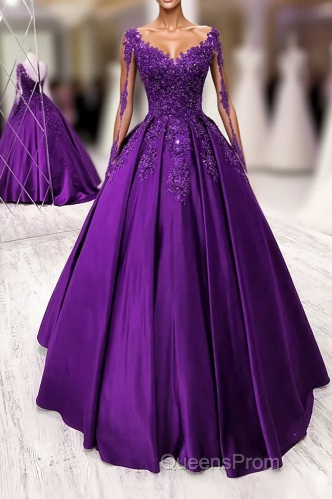 Purple Satin Long Sleeves Evening Prom Dress Formal Dress, Lace Applique Sweet 16 Dress Main image