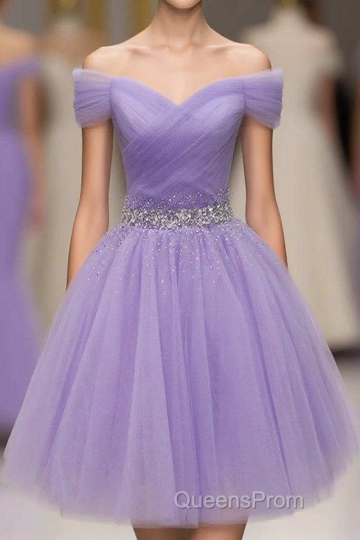 Purple Off Shoulder Tulle Sequin Evening Prom Dress, Purple Homecoming Dress Main image